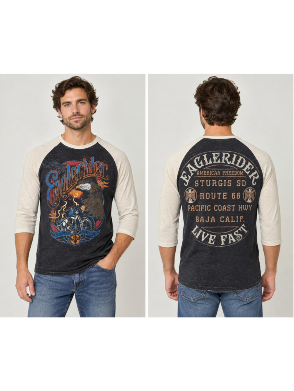 Vintage Eagle Rider Motorcycle Graphic Raglan Tee Biker Grunge 2XL 1692